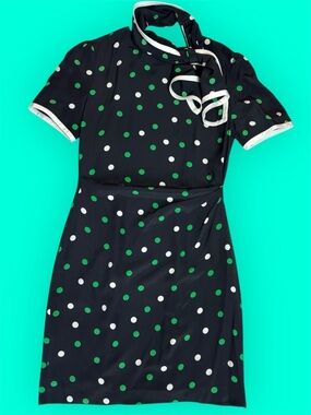 Vintage 100% Silk Black Dress with Green White Polka Dots and Scarf sz 8